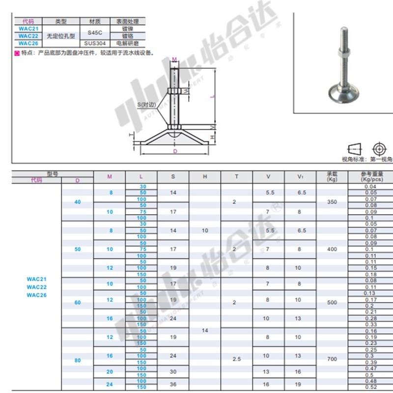 WAC21-D40/50/60-M8/10/12-L30/L50/100/150喇叭调节脚杯中载固定