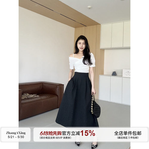 张阿星【法式美学】优雅气质单露肩交叉设计白色衬衫+高腰A字伞裙