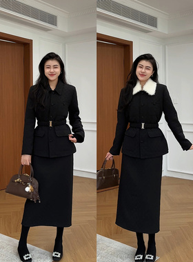 张阿星【冬日白月光】加厚菱格加绒保暖高腰收腰翻领上衣半裙套装