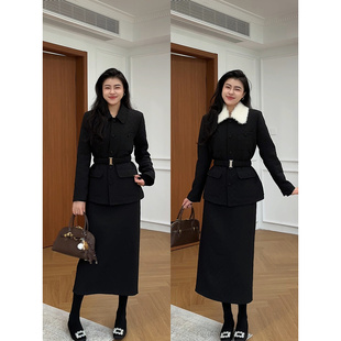 加厚菱格加绒保暖高腰收腰翻领上衣半裙套装 张阿星 冬日白月光