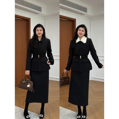 张阿星【冬日白月光】加厚菱格加绒保暖高腰收腰翻领上衣半裙套装