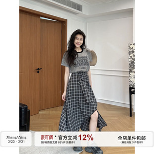 自由篇章 两件套装 竹节麻针织圆领短袖 高腰格子裙裤 T恤 张阿星