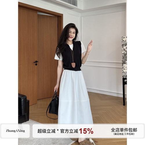 张阿星【夏夜晚风】莱赛尔假两件短袖T恤上衣+半身裙两件套装女夏