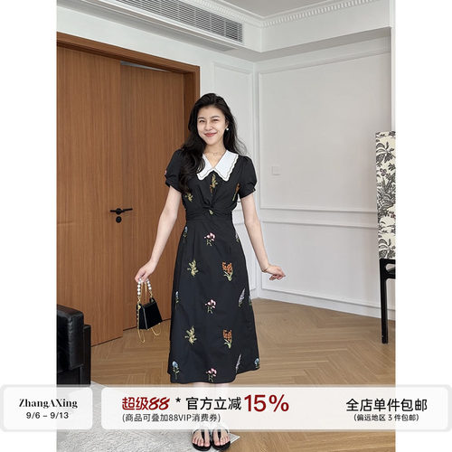 【现货】张阿星  重工全棉刺绣连衣裙女夏季扭结收腰娃娃领裙子