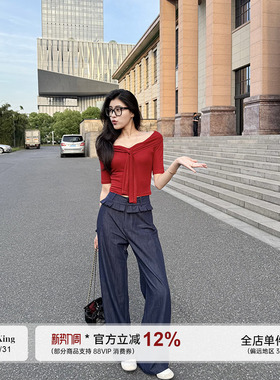 张阿星【港风美人】 港风明媚红色假两件红色T恤+复古牛仔蓝裤子