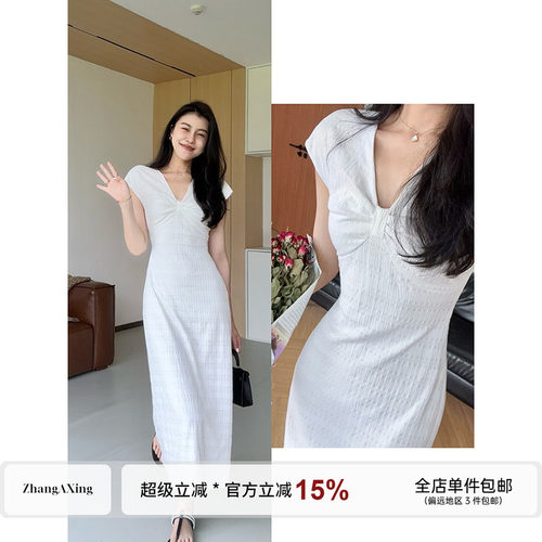 张阿星【馥郁白茶】法式复古风气质扭结设计感V领飞袖修身连衣裙