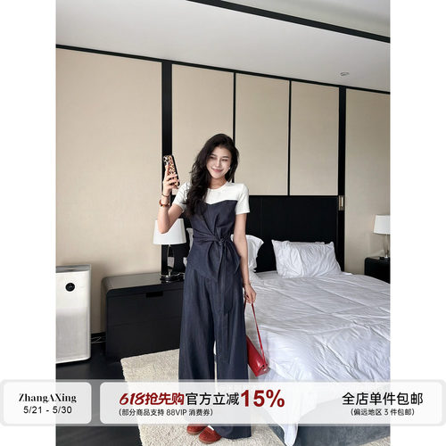 张阿星【蓝调夏日】假两件腰带收腰撞色拼接上衣+显瘦轻薄直筒裤