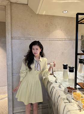 张阿星【法式风情】法式鹅黄色简约千金飘带收腰新款衬衫连衣裙
