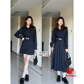 秋冬新款 张阿星 英伦女孩 日常通勤高级感百褶磨毛绒长短连衣裙