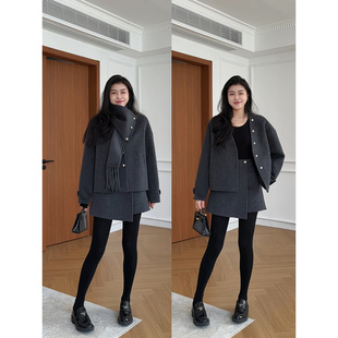 张阿星【伦敦雾灰】秋冬新款可拆卸围巾高级感大衣+高腰毛呢裙裤