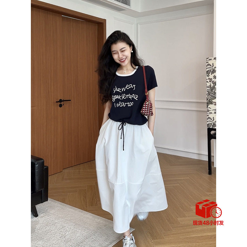 张阿星【舒适天菜】韩系休闲字母印花短袖T恤+高腰半身裙两件套装,女装/女士精品,时尚套装,淘宝优惠券,粉丝福利购,淘宝优惠卷