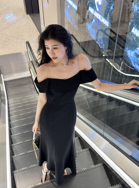 张阿星【步步生莲】优雅贵气隐形网纱拼接露肩高级感鱼尾裙小黑裙