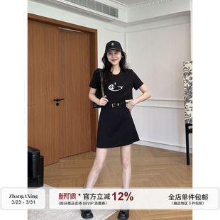 张阿星【镂空腰】 印花正肩黑色拼接连衣裙女夏季休闲短袖A字裙子