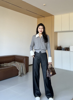 张阿星【城市轻氧】白色毛毛拼接撞色收腰上衣百搭修容垂感皮裤