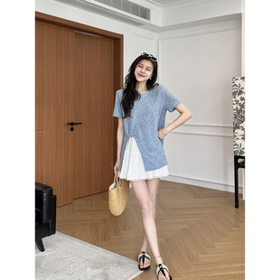 海洋月光 短裙两件套装 开叉正肩短袖 高腰蛋糕裙裤 女 T恤 张阿星