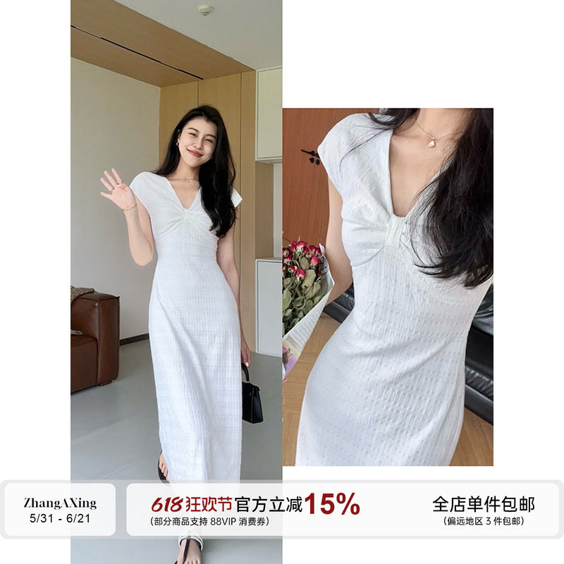 张阿星【馥郁白茶】法式复古风气质扭结设计感V领飞袖修身连衣裙
