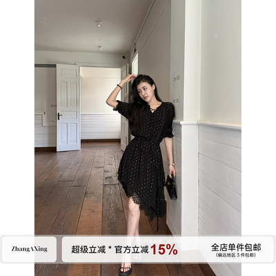 张阿星 【墨色清欢】重工蕾丝独特波点御姐轻熟绝美收腰连衣裙夏
