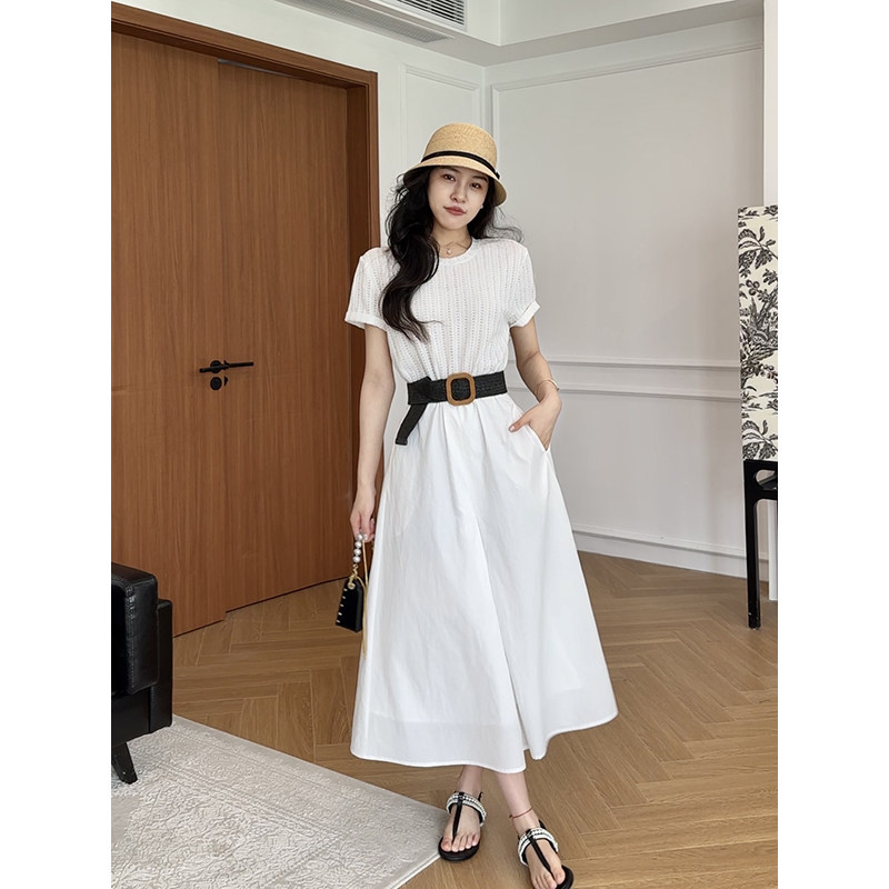 张阿星【夏日清茶】莱赛尔法式拼接连衣裙女夏季气质白色短袖裙子