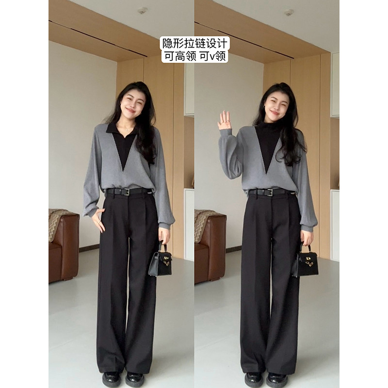 张阿星【黑灰腔调】假两件撞色拼接高级感百搭针织衫+ 加绒西装裤,女装/女士精品,时尚套装,淘宝优惠券,粉丝福利购,淘宝优惠卷