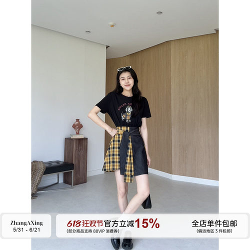 张阿星【马代日记】设计感假两件拼接格纹潮流卡通复古收腰连衣裙