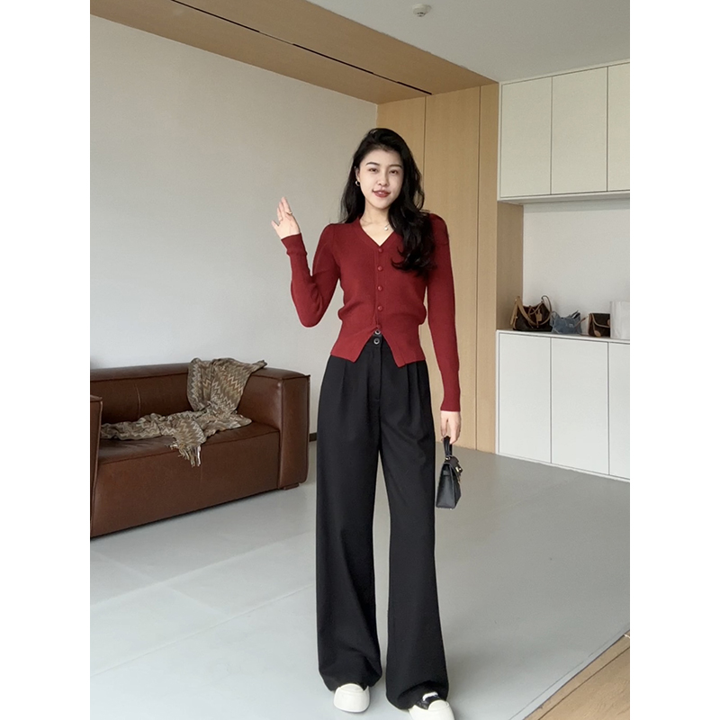 张阿星【薄雾红茶】V领显白红毛衣双腰头质感直筒裤 W424X17562