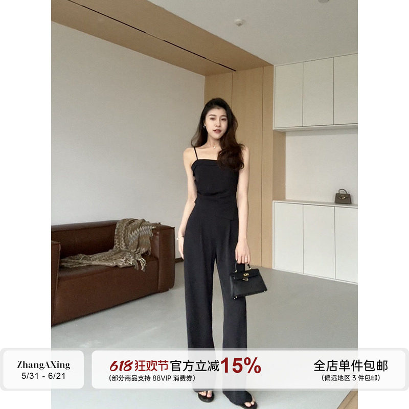 张阿星【法式香颂】极简通勤气质感小个子收腰显高阔腿吊带连体裤