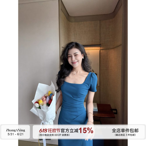 张阿星【冰蓝月光】肯豆法式方领褶皱收腰侧开叉显瘦气质连衣裙
