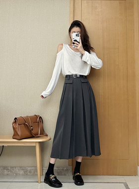 张阿星 简约高级感中长款灰色垂感百褶半裙高腰遮肉A字过膝半身裙