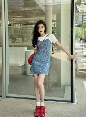 张阿星【海港晴空】法式浪漫小碎花假两件撞色圆领旅游度假连衣裙