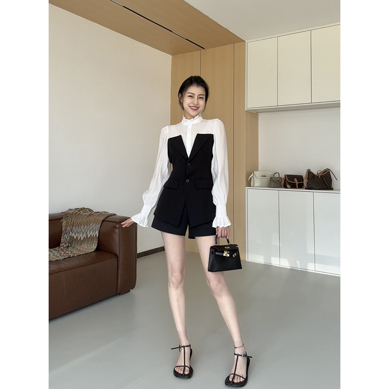 张阿星【法式少女】2024春季新款假两件半高领上衣+ 高腰显瘦短裤