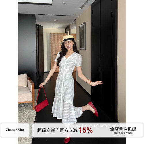 张阿星【白裙漫夏】法式浪漫风V领荷叶边裙摆气质显瘦收腰连衣裙