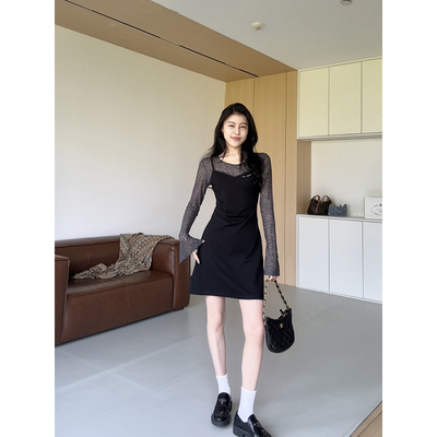 张阿星【加州女孩】新款假两件撞色拼接微喇袖气质收腰拼接连衣裙