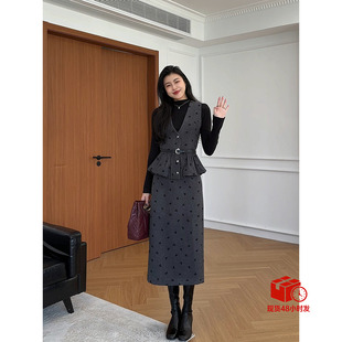 张阿星【瑞拉千金】格雷系灰色毛呢收腰修身马甲打底衫半裙三件套