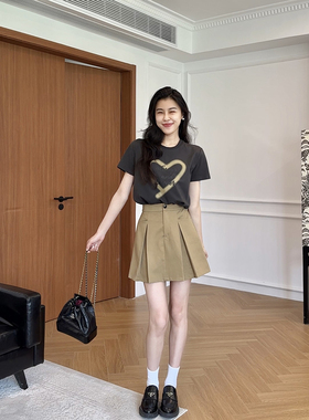 张阿星【轻盈一夏】爱心印花休闲T恤+高腰裙裤百褶裙短裙套装女夏