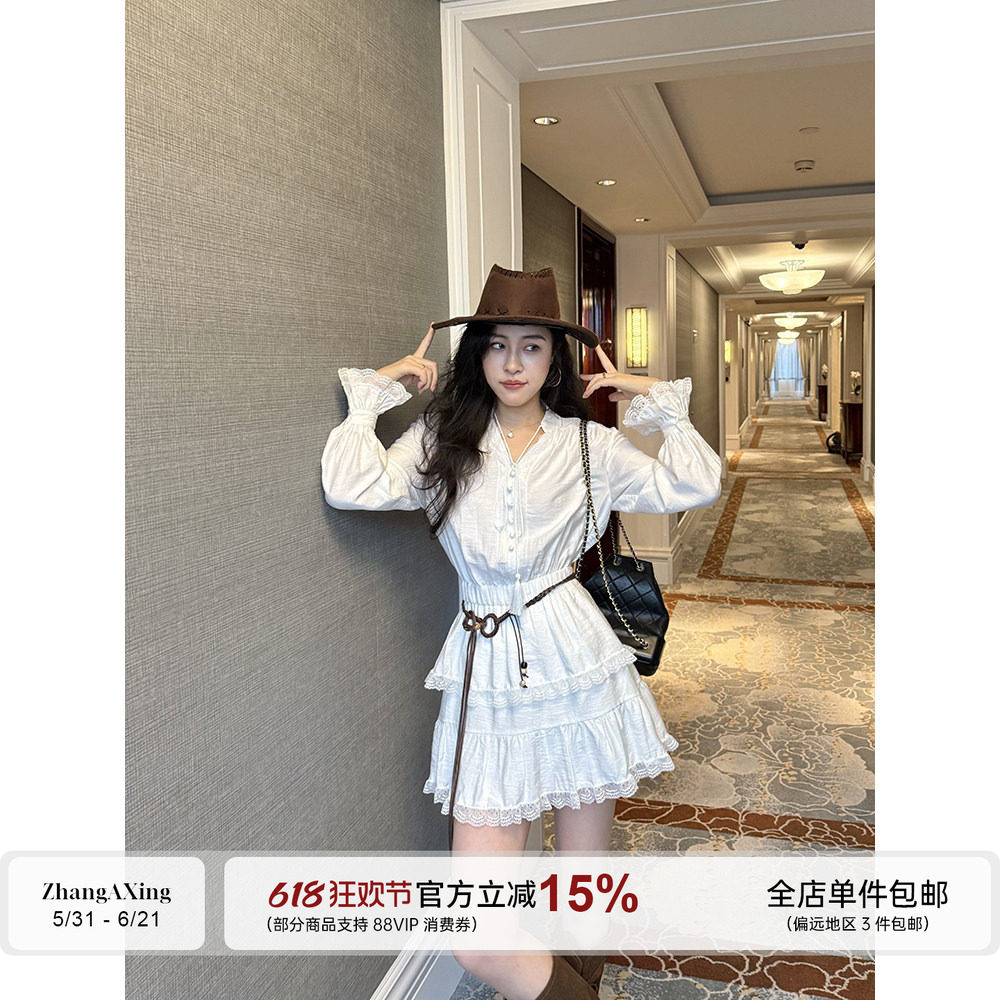 张阿星【假日情书】法式V领灯笼袖氛围感蛋糕裙收腰长袖连衣裙