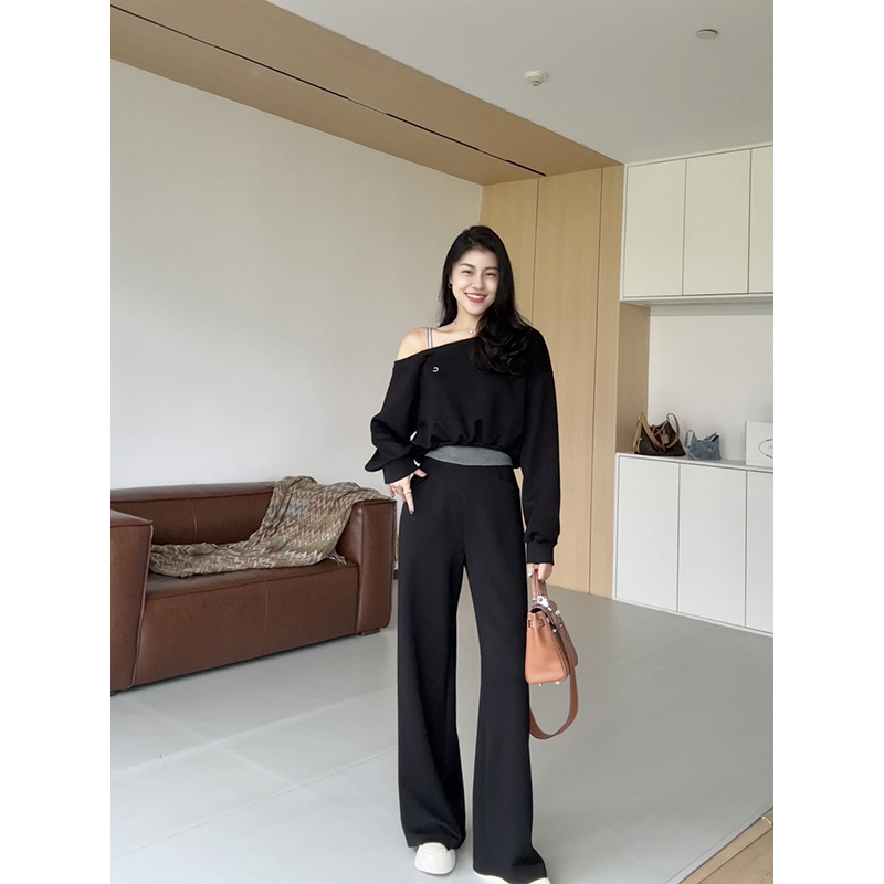 张阿星【自在节奏】2024新款美式遮肉斜露肩卫衣+ 拼色显瘦直筒裤