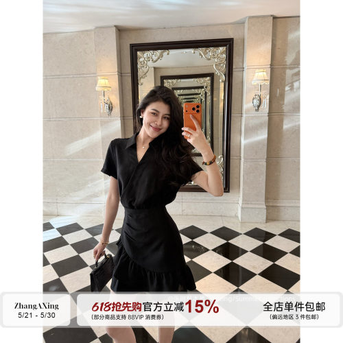 张阿星【轻奢小黑裙】miu系掐腰显瘦荷叶边不规则下摆精致连衣裙