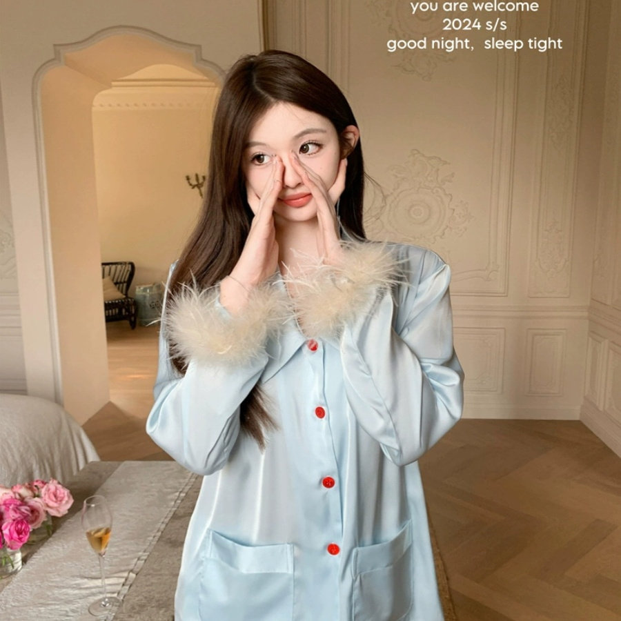 轻奢羽毛蓝色氛围感纯欲睡衣女