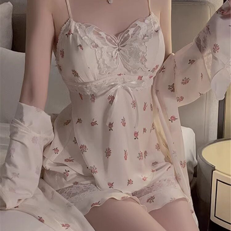 法式纯欲蕾丝花边印花真丝睡衣