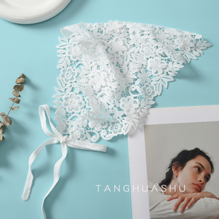 头巾女包头防晒法式田园风镂空三角巾蕾丝遮白发的头纱帽子高级感