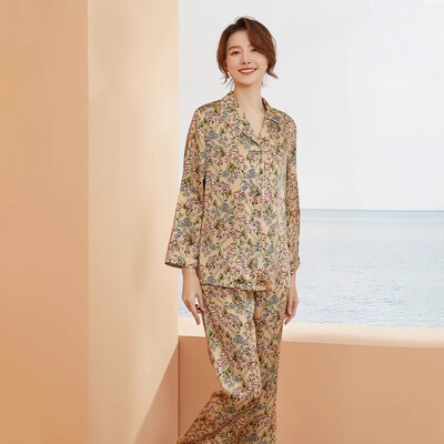 印花家居服长袖真丝睡衣