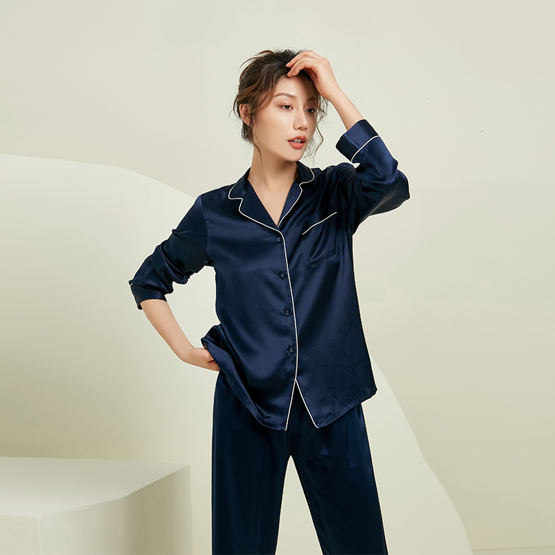 Wensli/万事利真丝睡衣女两件套桑蚕丝长袖套装丝绸家居服 淳静