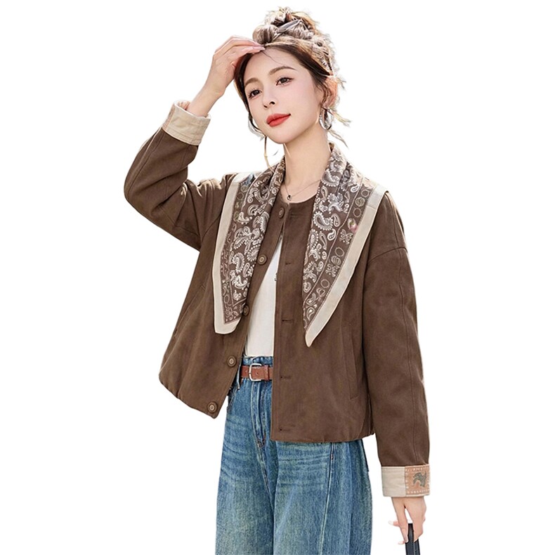 复古简约风丝巾装饰短外套女秋季设计感显瘦小个子夹克复古洋气年图片