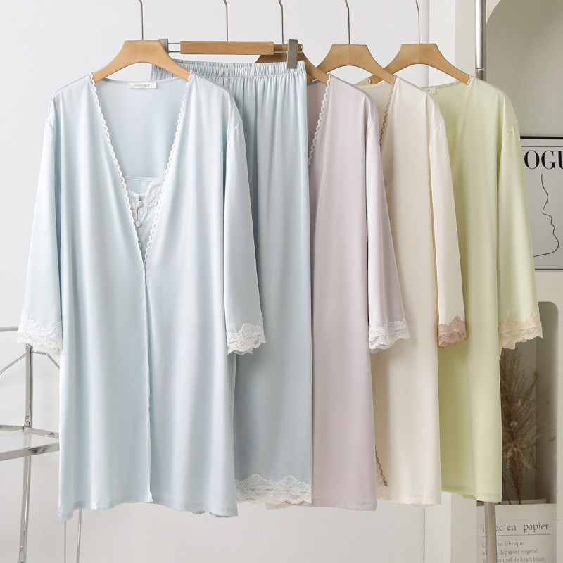 新款吊带睡袍长裤三件套冰丝性感睡衣高级感晨袍女蕾丝睡裙春秋季