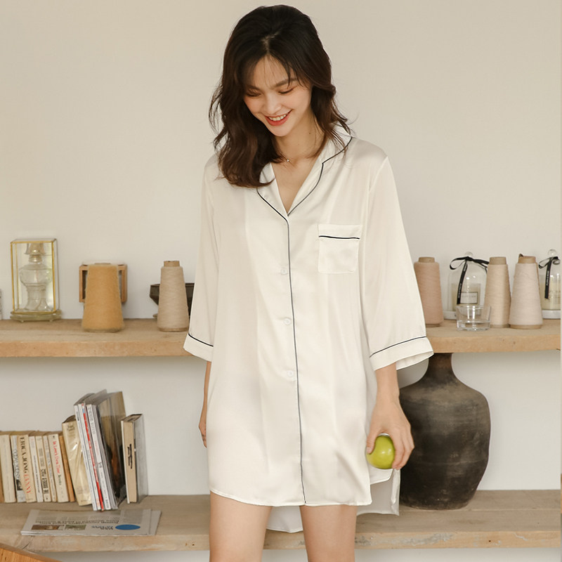 睡衣女2022年夏季薄款冰丝中袖性感睡裙女宽松家居服睡衣春秋款女