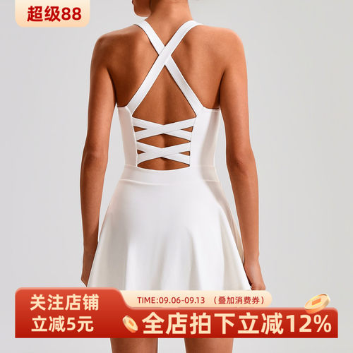 欧美裸感运动网球裙美背连衣裙女防走光口袋内衬跑步健身羽毛球裙
