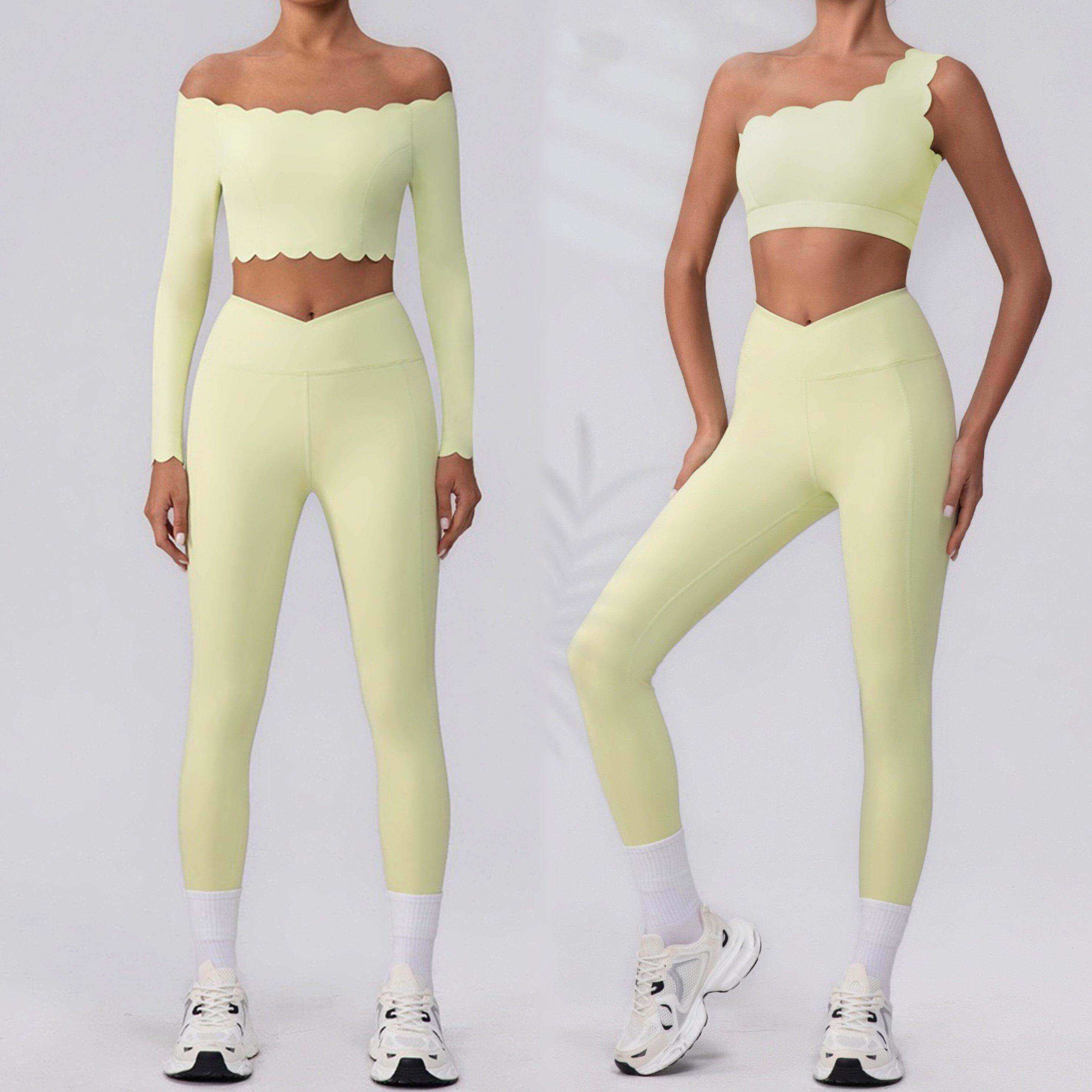 欧美波浪边健身服套装花边单肩文胸一字肩长袖蜜桃长裤瑜伽套装女