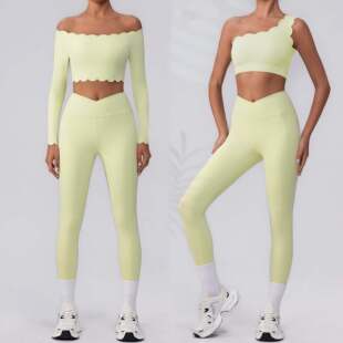 欧美波浪边健身服套装花边单肩文胸一字肩长袖蜜桃长裤瑜伽套装女
