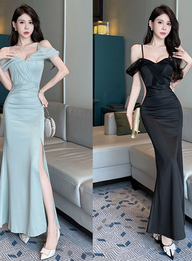 夜场性感连衣裙长款KTVK歌技师工作服气质显瘦收腰开叉足疗晚礼服