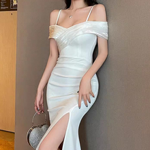 晚礼服性感吊带连衣裙一字肩气质夜场长款柔式SPA足浴技师工作服